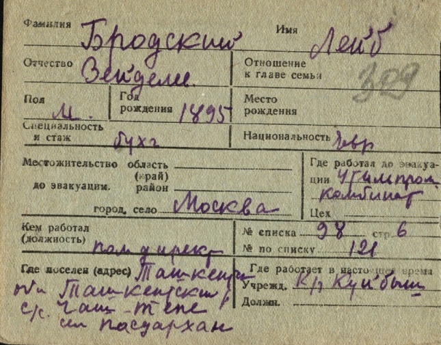 Запись Лейба Бродского в списке эвакуированных в г. Ташкент, 1942 год