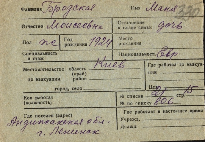 Запись Мани Бродской в списке эвакуированных в г. Ташкент, 1941 год