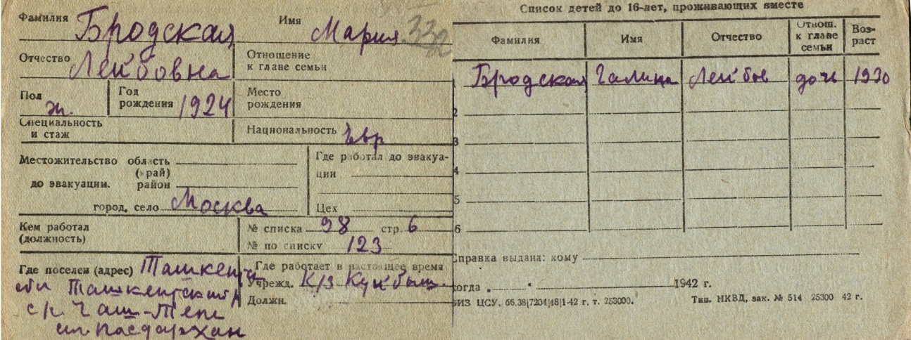Запись Марии и Галины Бродских в списке эвакуированных в г. Ташкент, 1942 год
