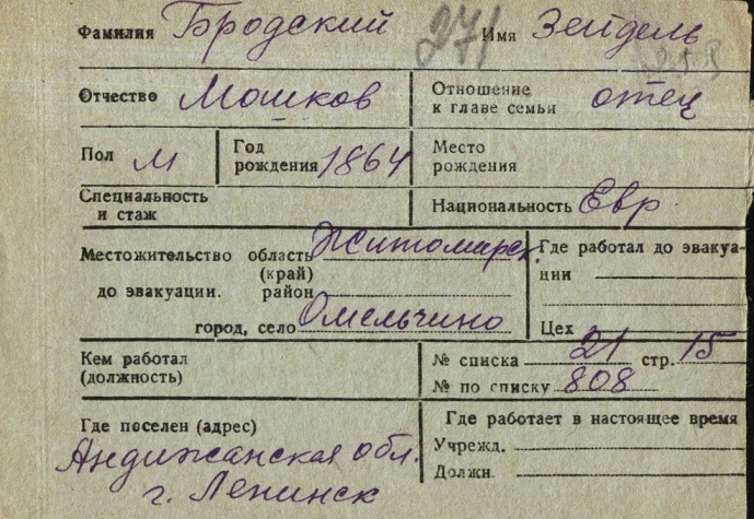Запись Зейделя Бродского в списке эвакуированных в г. Ташкент, 1941 год